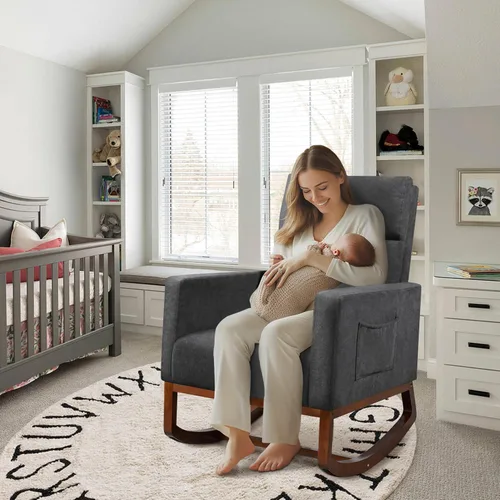 Vista 5 de Yaheetech Mecedora, moderna silla deslizante, sillón reclinable con patas de madera y bolsillo lateral, silla mecedora para guardería con respaldo