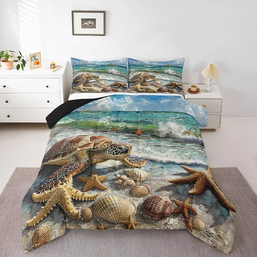 Vista 25 de Erosebridal Juego de edredón con temática de playa, tamaño matrimonial, juego de ropa de cama con estampado de estrellas de mar y conchas marinas
