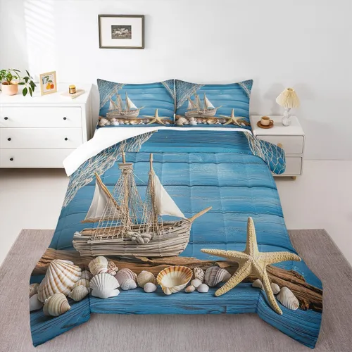 Vista 36 de Erosebridal Juego de edredón con temática de playa, tamaño matrimonial, juego de ropa de cama con estampado de estrellas de mar y conchas marinas