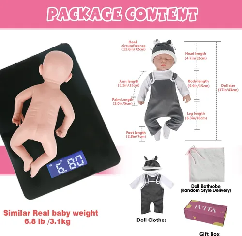 Vista 6 de IVITA Muñeca Reborn de silicona de cuerpo completo de 17 pulgadas, no muñecas de material de vinilo, muñeca de silicona platino, muñeca realista