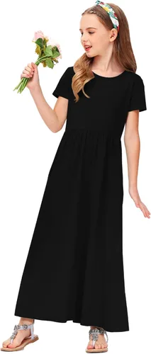 Vista 4 de Deerose Vestido largo casual de manga corta para niñas, con bolsillos, de 5 a 14 años