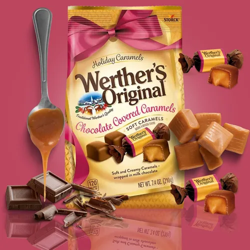 Vista 3 de Werther's Caramelos suaves originales envueltos individualmente con temática navideña, canela, crema de carmelo salada y cubierta de chocolate