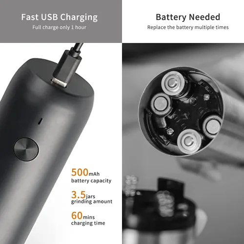 Vista 5 de Juego de 2 molinillo eléctrico de sal y pimienta, molinillo de pimienta y molinillo de sal recargable por USB, operación con una sola mano