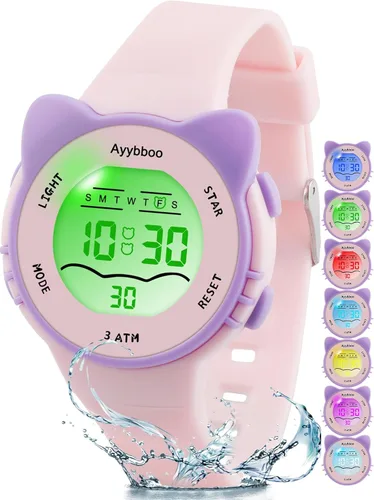 Vista 16 de Relojes digitales analógicos para niñas y niños, relojes de pulsera impermeables con 7 luces de colores, lindos relojes con alarma y cronómetro