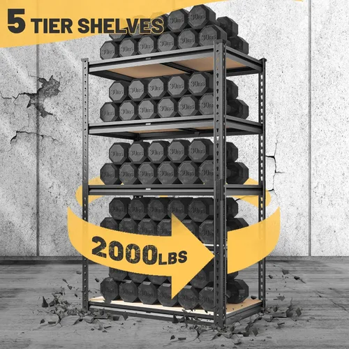Vista 4 de REIBII Estantes de almacenamiento de 2000 libras, estantería de garaje de 5 niveles, estantería de metal resistente, estante de metal ajustable