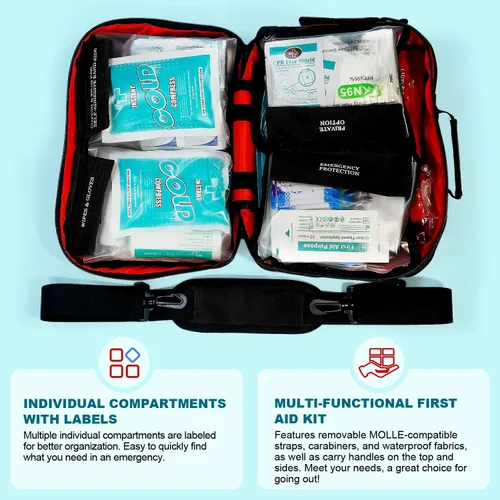 Vista 4 de Kit profesional de primeros auxilios grande de 435 piezas, incluye gasa comprimida, compartimentos, kit médico de emergencia para el hogar, camping