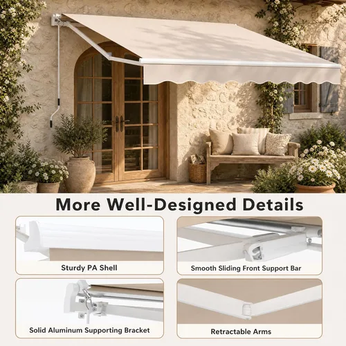 Vista 7 de Giantex Toldo retráctil para patio – Refugio solar de 8 x 6.6 pies con manivela manual fácil, estructura metálica de alta resistencia, toldo Beige