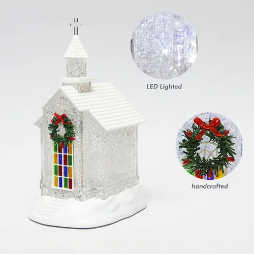 Vista 2 de Capilla de Navidad iluminada con momentos en el tiempo LED de acrílico para feriado, decoración de mesa con cristales brillantes y ventana de vidrio