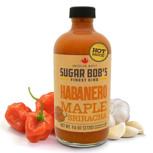 Sugar Bob's Finest Kind, Salsa picante de arce habanero sriracha, salsa muy picante con ajo, pimientos morrones y habanero, peso neto 9.6 onzas