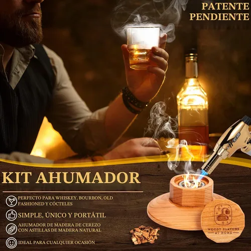 Vista 4 de Kit de ahumador de cócteles – Kit de camarero para ahumar bebidas con antorcha, moldes de hielo esfera, virutas de madera aromática – Kit