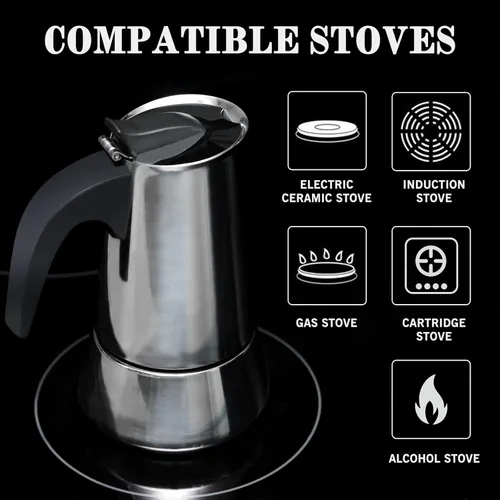 Vista 3 de Balun Admhail Estufa de acero inoxidable Moka Pot Espresso Maker Percolator 6 tazas 10.1 fl oz portátil italiano Greca Cafetera cubana