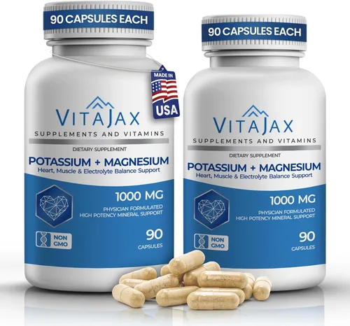 Vista 9 de Suplemento de potasio y magnesio de 1000 mg 90 cápsulas Suplemento de magnesio y potasio para el corazón, calambres en las piernas, equilibrio