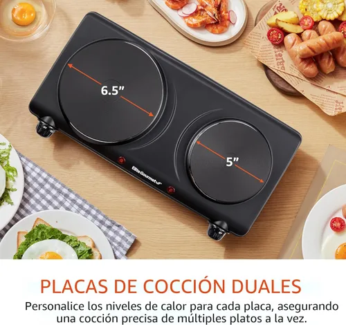 Vista 3 de Elite Gourmet EDB-302BF# Quemador doble de hierro fundido para encimera, placa caliente eléctrica de 1500 vatios, controles de temperatura, luces