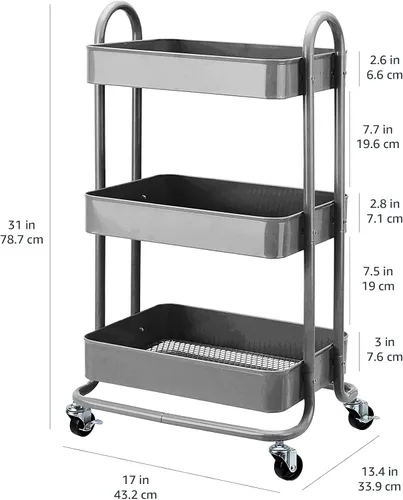 Vista 5 de Amazon Basics - Carrito de servicio o de cocina de 3 niveles, con ruedas, con cerradura, almacenamiento multifuncional, color carbón