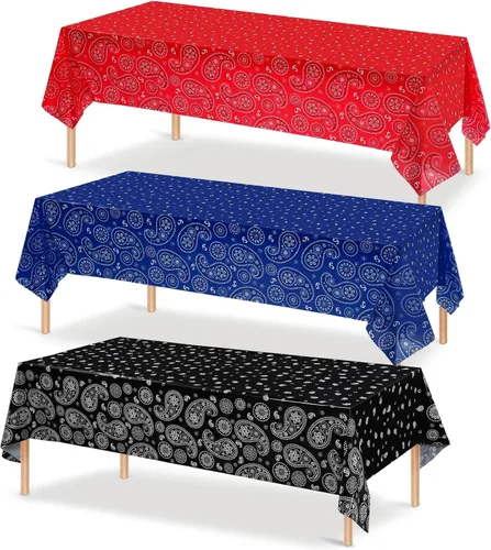 Vista 26 de Mantel rectangular de plástico con estampado de cachemira para fiestas temáticas de vaquero occidental, 108 x 54 pulgadas (rojo, paquete de 3)