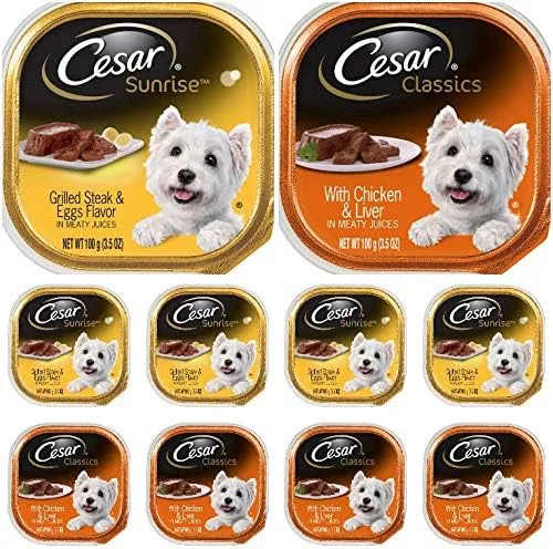 cesars Wet Dog Food 5 Breakfast (Grilled Steak and Eggs) and 5 Dinner (Chicken and Liver) - totaling 10 Individual Containers 3.5oz ea …
