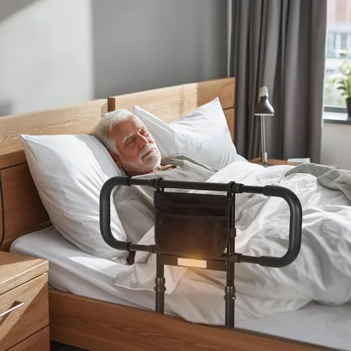 Vista 7 de LIUQIBAX Rieles de cama para adultos mayores: productos de asistencia para ancianos con doble agarre ajustable, bolsillo de almacenamiento, luz