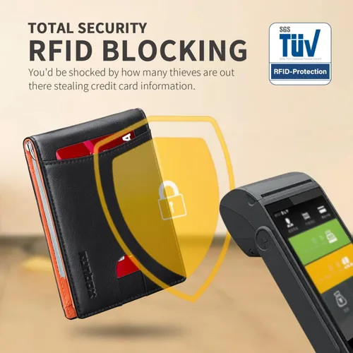 Vista 4 de RUNBOX - Cartera minimalista y delgada para hombre con clip de dinero, bloqueo RFID y piel para bolsillo frontal