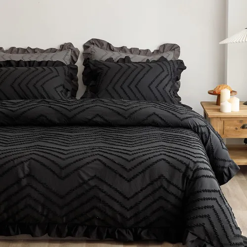 Vista 8 de Juego de funda de edredón copetuda, funda de edredón suave y transpirable con cierre de cremallera, ropa de cama bohemia bordada con volantes