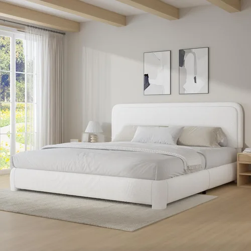 Vista 22 de BarnFurin Base de cama individual con cabecero, cama de plataforma tapizada Cloud Boucle, esquinas redondeadas suaves, no necesita somier, Beige