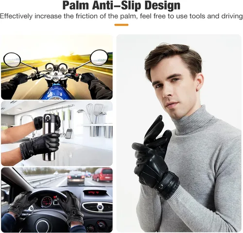 Vista 5 de Aegend Guantes de cuero para hombre, forro suave y cálido de mano completa, pantalla táctil de mano completa, regalo de invierno térmico