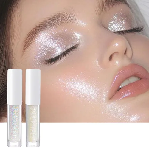 Juego de maquillaje de lentejuelas líquidas en gel holográfico y delineador de ojos plateado, 2 piezas, resaltador líquido brillante, resistente al