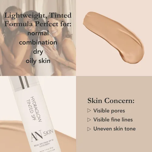 Vista 4 de AN Skin - Protector solar tintado Hydraglow para rostro con Spf 50 - Hidratante facial tintado - Máxima protección de la piel, equilibra