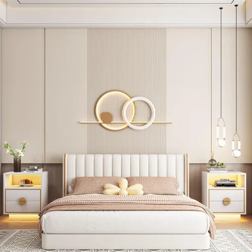 Vista 8 de Mesitas de noche LED, mesita de noche de madera blanca con luces LED, mesa auxiliar con 2 cajones para dormitorio, sala de estar