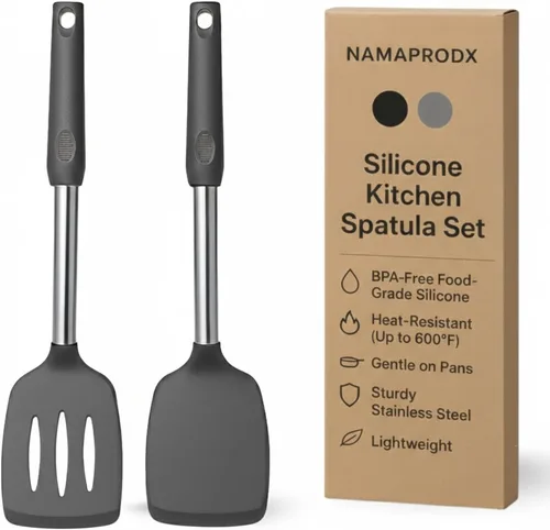 Vista 9 de Juego de espátulas de silicona para cocina: Volteador resistente al calor y espátula de silicona ranurada para cocinar, utensilios de cocina