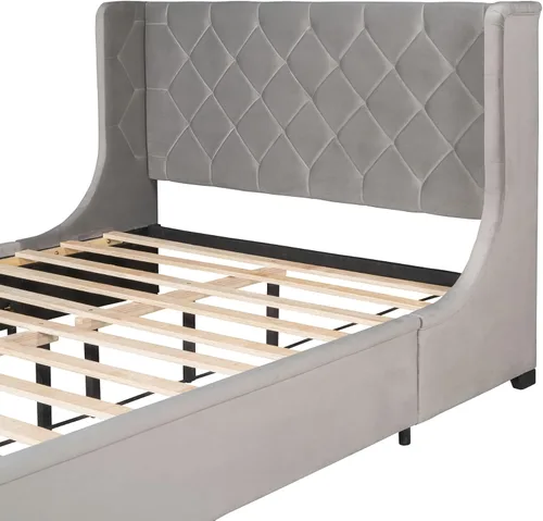 Vista 174 de SOFTSEA Cama de plataforma tapizada tamaño Queen con cajón de almacenamiento, marco de cama tapizado con cabecera con respaldo de alas, soporte