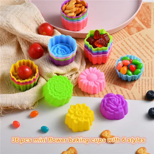Vista 2 de Vasos de silicona reutilizables para hornear, forros de silicona de tamaño mini de 2 pulgadas para hornear, forros de muffins con múltiples formas