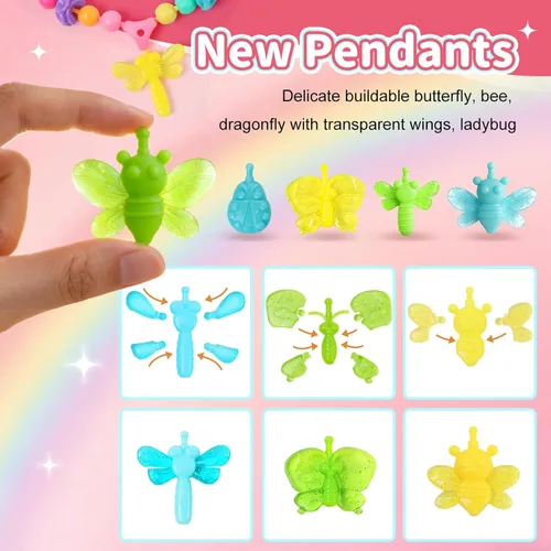 Vista 4 de Kit de joyería con cuentas Snap Pop para niñas – 350 piezas, juguete DIY para hacer pulseras con insectos, mariposa, mariquita, libélula – Sin