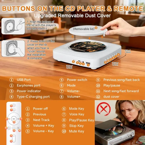 Vista 9 de Gueray Reproductor de CD Bluetooth portátil: Reproductores de CD de control de voz sin conexión para el hogar con control remoto de voz reproductor