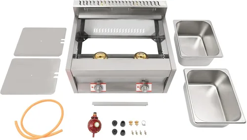 Vista 9 de Freidora de gas comercial, freidora de acero inoxidable, freidora de gas de 5.4 cuartos de galón / 6 l x 2 tanques de gas doble encimera con 3 tapas