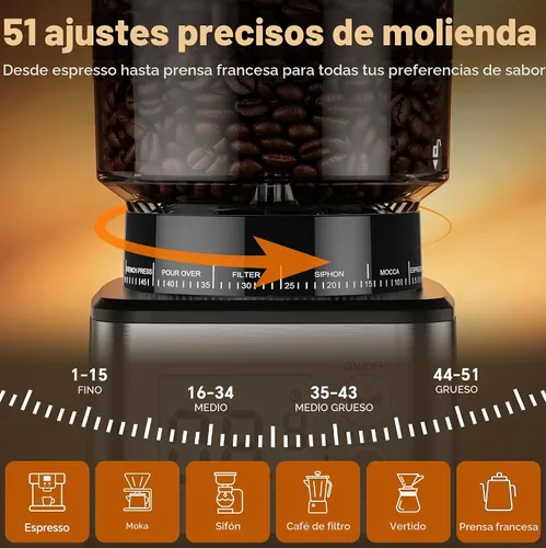 Vista 4 de Molinillo de café cónico, 51 ajustes precisos de molienda automática, pantalla LED inteligente de doble control, 1-12 tazas, con soporte