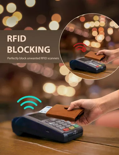 Vista 3 de Tarjetero de cuero para tarjetas de crédito, billetera desplegable automática minimalista delgada con bloqueo RFID para hombre y mujer