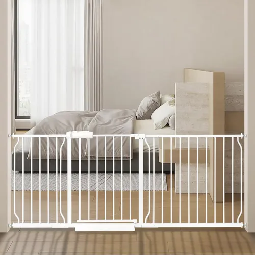 Vista 8 de Puerta Extra Ancha para Bebés 57.5-62.2 pulgadas Montada a Presión, Puertas de Seguridad para Niños Perros Mascotas con Puerta de Paso para Marcos