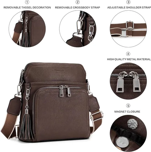 Vista 6 de Roulens Bolso cruzado para mujer, ligero, mediano, de cuero suave, con borla, para mujer