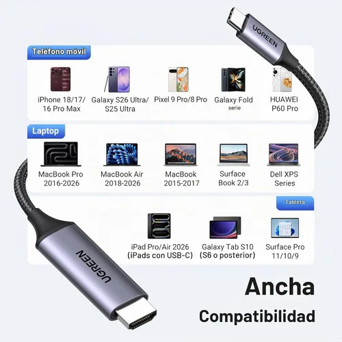 Vista 7 de UGREEN USB C to HDMI 2.0 Cable 4K@60Hz for Home Office, 3.3FT