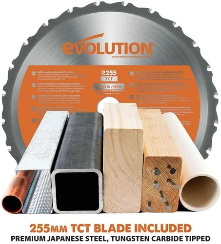 Vista 3 de Evolution Power Tools R255SMS - Sierra ingletadora deslizante de 10 pulgadas, multimaterial, multiusos, corta metal, plástico, madera y más
