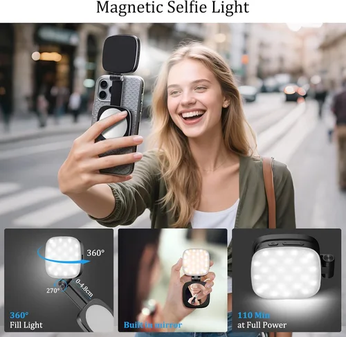Vista 2 de Luz de selfie magnética MagSafe con espejo para iPhone – Luz de relleno LED recargable, CRI≥95, 5 temperaturas de color, luz de anillo plegable