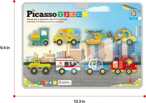 Vista 9 de PicassoTiles Juego de bloques de construcción de vehículos de la ciudad de 8 piezas con imanes y figuras de acción magnetizadas Compatible con kits
