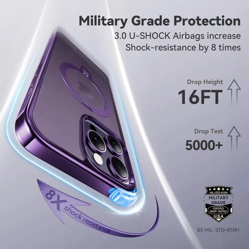 Vista 5 de CASEKOO Funda de titanio para iPhone 14 Pro Max con anillo de soporte magnético giratorio de 360° para MagSafe, protección militar contra caídas