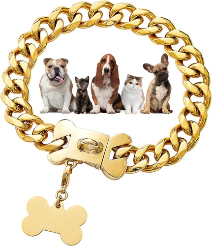 Collar de perro con cadena de oro de 0.591 in, collar de perro de eslabones cubanos de oro de 18 quilates con hebilla de cierre seguro, cadena