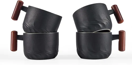 Vista 8 de Juego de 4 tazas de café de cerámica de 2.5 onzas con mango de madera, tazas de café pequeñas de doble chupito