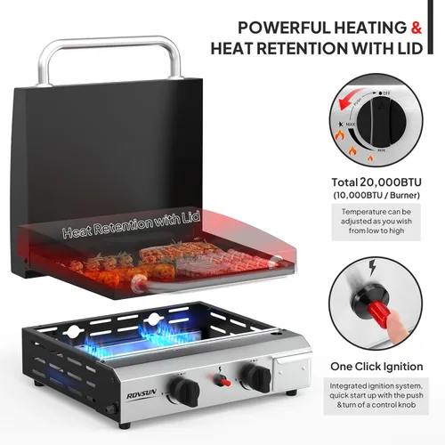 Vista 2 de ROVSUN - Parrilla portátil de propano de 2 quemadores con bandeja esmaltada y tapa, parrilla de gas de 20,000 BTU con encendido electrónico
