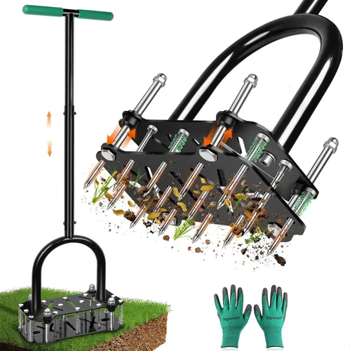 Bigwish Aireador de césped ajustable con resorte de rebote – 16 picos de metal afilados aireador de suelo con mango ergonómico en T y placa de pie