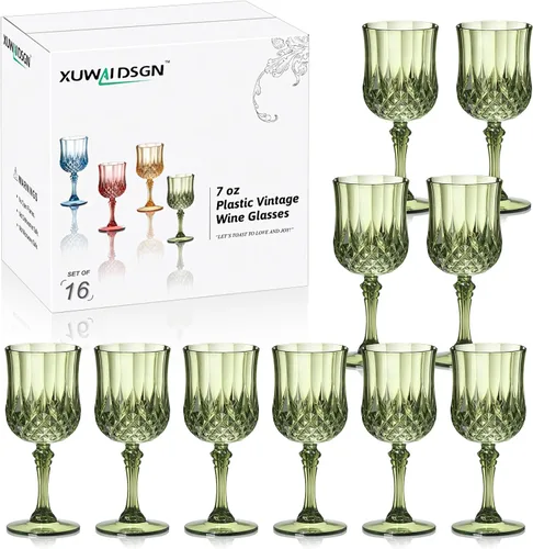Vista 20 de XUWAIDSGN 16 Piezas Copas de Vino Vintage de Plástico de 7oz Vasos para Beber Irrompibles Cristalería para Bodas Copas de Agua de Cristal