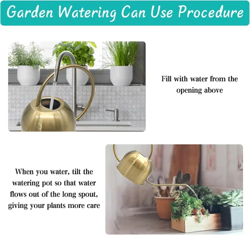 Vista 4 de Hamiledyi Regadera de acero inoxidable de 50 onzas con boquilla larga, regadera de metal para interiores y exteriores, para jardín, orquídea, Dorado