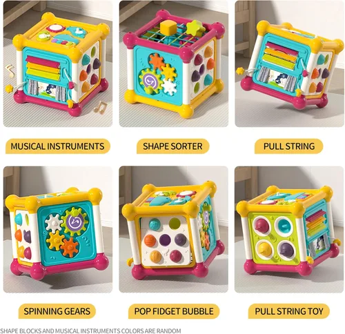 Vista 4 de Baby Activity Cube, Cube Toys for Babies 6-12 Months, Toddler Music Busy Board with 4 Sensory Shape Blocks, 6-in-1 Educational Early Development
